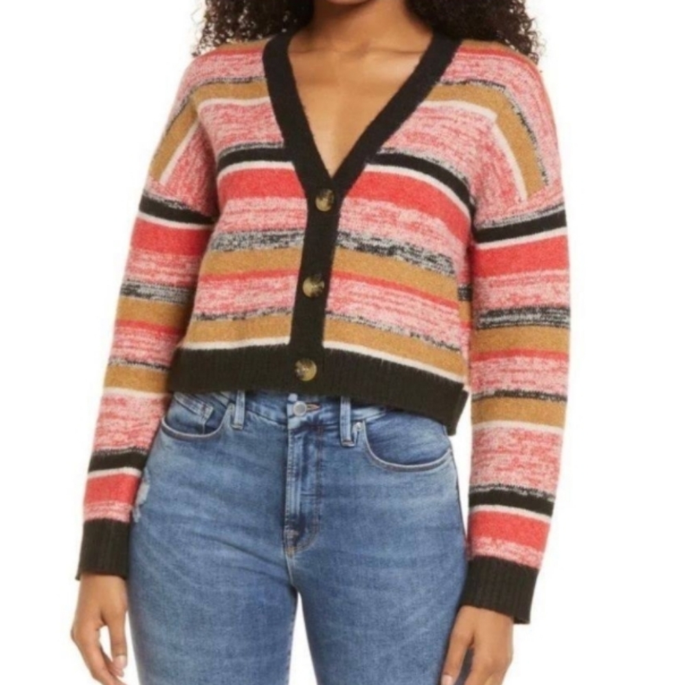 NWT BP. Long Sleeve Crop Black Marl Stripe Cardigan Sweater Nordstrom Medium